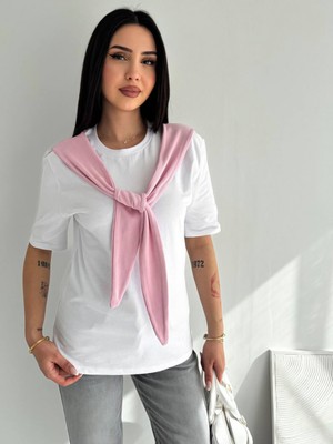 Noa Noa Kadın %100 Pamuk Oversize Basic Tişört Aksesuar Fular Detaylı