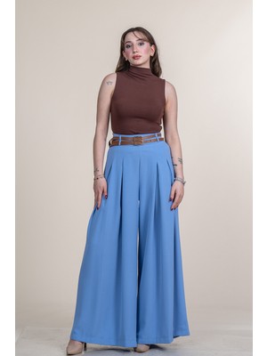 MissVina Kemer Detaylı Çift Pilikaşeli Beli Lastikli Bol Paça Pantolon