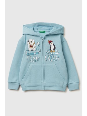 United Colors Of Benetton Açık Mavi Erkek Ek_arkası Baskılı Fermuarlı Ribanalı Kapüşonlu Şardonlu Sweatshirt Model Kodu: 3J73G5046AÇIK Mavi