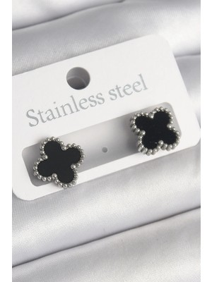 Uslucan Alışveriş 316L Çelik Gümüş Renk Siyah Yonca Model Kadın Küpe