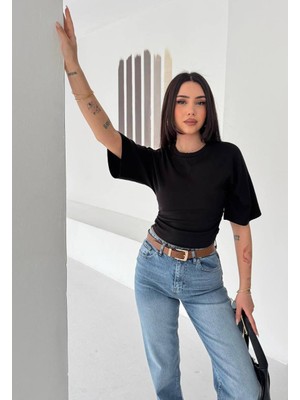 Noa Noa Kadın Oversize Yan Büzgü Crop Tişört Yarım Kol Basic