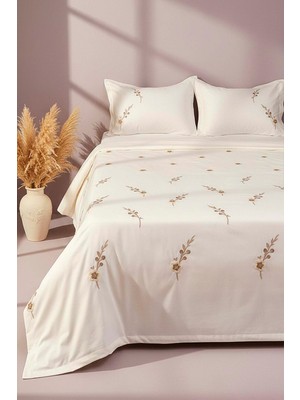 Ekru Seren Desen Çift Kişilik Nakışlı Yatak Örtüsü Seti