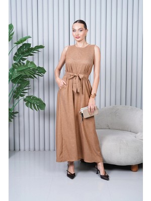 Navy Keten Kuşaklı Tulum