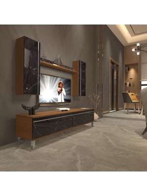 Decoraktiv Eko 5d Mdf Std Krom Ayaklı Tv Ünitesi Tv Sehpası - Ceviz Siyah Mermer