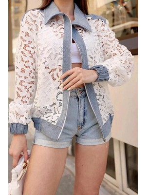 Vesantia Kadın Beyaz Dantel Detaylı Gömlek Yaka Fermuarlı Jean Ceket