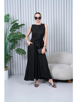 Navy Keten Kuşaklı Tulum