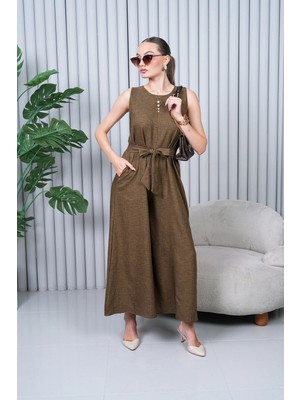 Navy Keten Kuşaklı Tulum