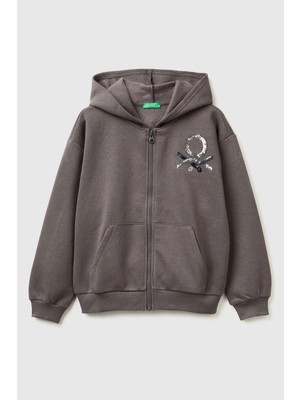 United Colors Of Benetton Koyu Kahverengi Kadın / Kız Kj_önü Payetli Logolu Cepli Kapüşonlu Şardonlu Sweatshirt Model Kodu: 39M2C505OKOYU Kahve