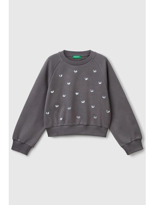 United Colors Of Benetton Antrasit Kadın / Kız Kj_önü Taş Detaylı Ribanalı Bisiklet Yaka Sweatshirt Model Kodu: 3J70C10O2ANTRASIT