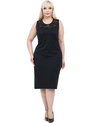 Modayız Siyah Flok Tül Detaylı Büyük Beden Kolsuz Midi Elbise 46E-2777