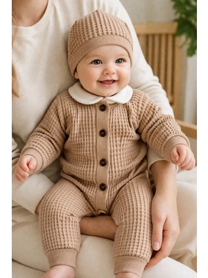 Dinamik çocuk Erkek Bebek 3'lü Takım Waffle Kumaş Şapkalı+Alttan Çıtçıtlı Badili+Tulum Seti 0-3-6-9-12AYLIK