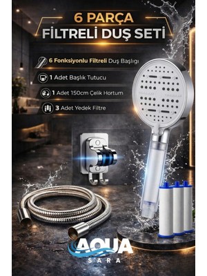 Aqua Sara 6 Parça Yüksek Basınçlı Filtreli Duş Başlığı Seti Krom Renk | 6 Modlu, 3 Yedek Filtreli, Hortum ve Duş Başlığı Tutucu