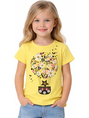 Pıtırcık Kız Çocuk Çiçek Desenli Sarı Renk Kısa Kol Tişört