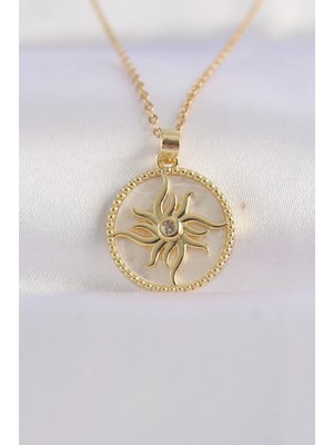 Krm 316L Çelik Zincir Altın Renk Zirkon Taşlı Oval Tasarım Güneş Kolye Krm