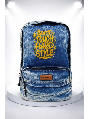 Kaff Fermuarlı Ön Cepli Design Unisex Vintage Denim Sırt Çantası -Moonkot