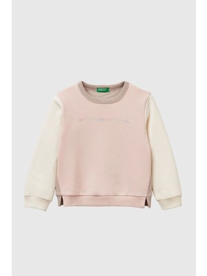 United Colors Of Benetton Pembe-Ekru Kadın / Kız Kk_renk Bloklu Simli Logo Baskılı Yırtmaçlı Şardonlu Sweatshirt Model Kodu: 39M2G10KYPEMBE-EKRU