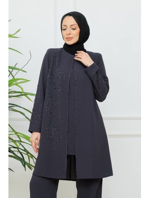 KMK Kombin Kadın Çiçek Işlemeli Şık Pantolonlu Tesettür Takım