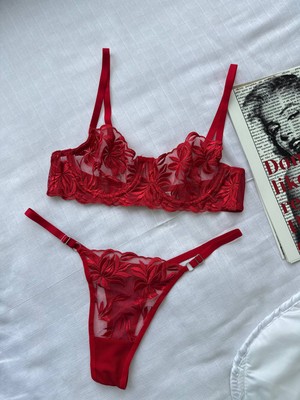 Ecs Butik Çiçekli Dantelli Transparan Kapsız Tül Sütyen Takımı (Sütyen Tanga)