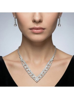 Valmont V Formlu Su Yolu Kolye ve Küpe Takı Seti - Düğün, Kına, Nişan, Gelin Aksesuarı