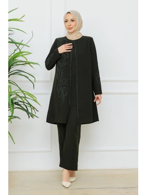 KMK Kombin Kadın Çiçek Işlemeli Şık Pantolonlu Tesettür Takım