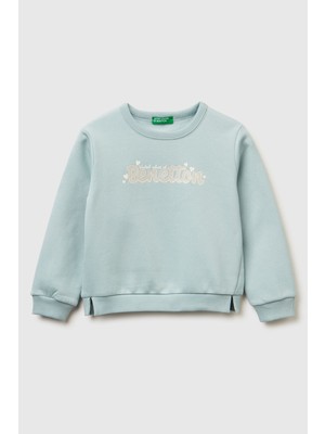 United Colors Of Benetton Su Yeşili Kadın / Kız Kk_renk Bloklu Simli Logo Baskılı Yırtmaçlı Şardonlu Sweatshirt Model Kodu: 39M2G10KYSU Yeşili