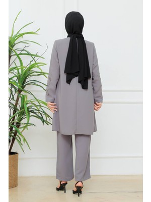 KMK Kombin Kadın Çiçek Işlemeli Şık Pantolonlu Tesettür Takım