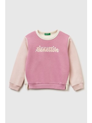 United Colors Of Benetton Krem-Pembe Kadın / Kız Kk_renk Bloklu Simli Logo Baskılı Yırtmaçlı Şardonlu Sweatshirt Model Kodu: 39M2G10KYKREM-PEMBE