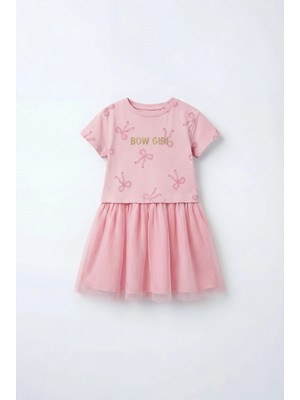 Magu Kız Çocuk Pamuklu Yeşil Fiyonk Desenli Tül Elbise