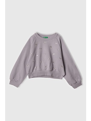 United Colors Of Benetton Lila Kadın / Kız Kj_önü Taş Detaylı Ribanalı Bisiklet Yaka Sweatshirt Model Kodu: 3J70C10O2LILA