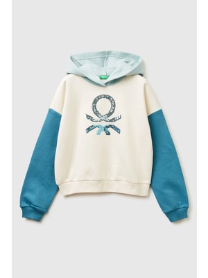 United Colors Of Benetton Ekru-Mavi Kadın / Kız Kj_payet Işlemeli Nervürlü Regular Fit Kapüşonlu Şardonlu Sweatshirt Model Kodu: 39M2C205EEKRU-MAVI