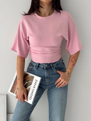 Noa Noa Kadın Oversize Yan Büzgü Crop Tişört Yarım Kol Basic
