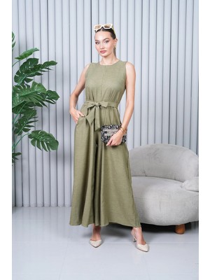 Navy Keten Kuşaklı Tulum