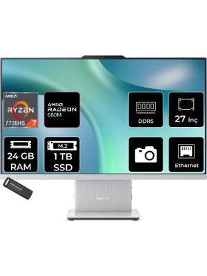 Lenovo Ideacentre 27ARR9 Amd Ryzen 7 7735HS 24GB 1tb SSD 27" Fhd Fdos All In One Bilgisayar & Per4 USB Bellek F0HQ008GTRP313
