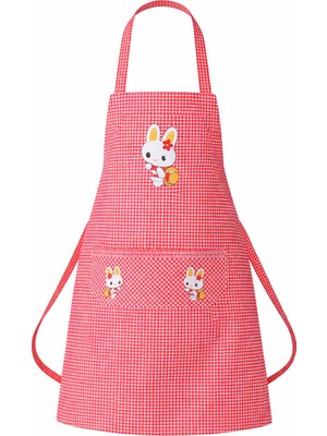 Valkyrie Pötikare Tavşan Desenli Mutfak Önlüğü Cepli Kadın Mutfak Temizlik Önlüğü Kırmızı