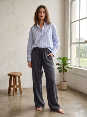 CGA Kadın Tensel Pantolon Antrasit Beli Bağlamalı Bol Kesim Tencel Pantolon