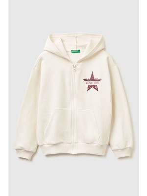 United Colors Of Benetton Ekru Kadın / Kız Kj_önü Payetli Logolu Cepli Kapüşonlu Şardonlu Sweatshirt Model Kodu: 39M2C505OEKRU