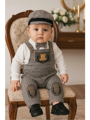 Vavbaby Erkek Bebek Ayıcıklı Salopet Takım - Kasketli, Papyonlu 3’lü Set Kahverengi