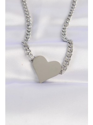 Krm 316L Çelik Zincir Gümüş Renk Düz Plaka Kalp Kolye Krm