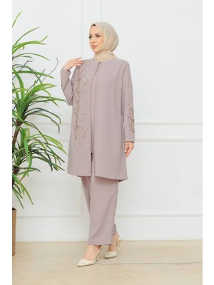 KMK Kombin Kadın Çiçek Işlemeli Şık Pantolonlu Tesettür Takım