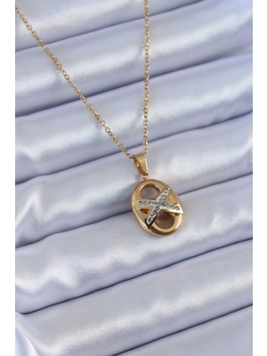 Krm 316L Çelik Gold Renk Zirkon Taşlı Kadın Kolye Krm