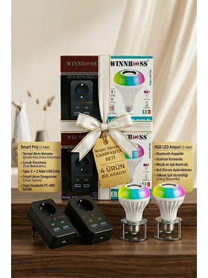 Winnboss Evini Akıllandır! 2'li Usb/type-C Girişli Akıllı Priz & 2'li Kumandalı Bluetooth Müzikli Ampul Seti