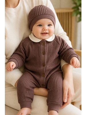 Dinamik çocuk Erkek Bebek 3'lü Takım Waffle Kumaş Şapkalı+Alttan Çıtçıtlı Badili+Tulum Seti 0-3-6-9-12AYLIK