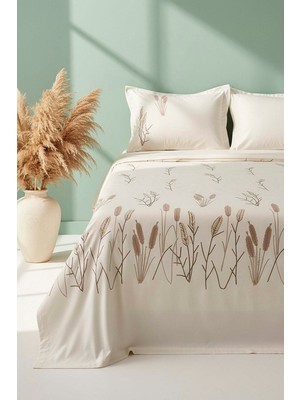 Ekru Willow Breeze Desen Çift Kişilik Nakışlı Yatak Örtüsü Seti