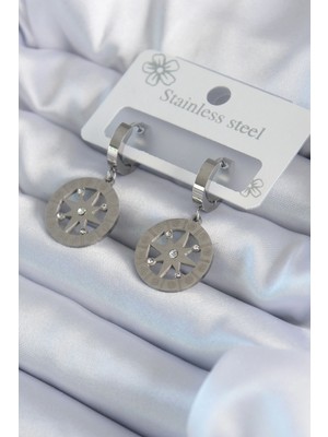 Krm 316L Çelik Gümüş Renk Kutup Yıldızı Model Zirkon Taş Işleme Detay Kadın Küpe Krm