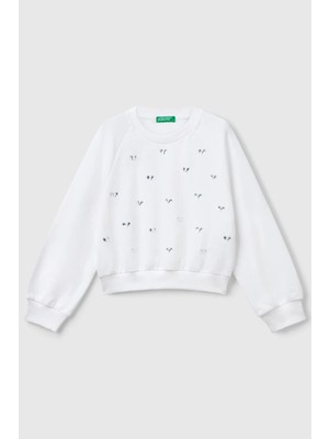 United Colors Of Benetton Beyaz Kadın / Kız Kj_önü Taş Detaylı Ribanalı Bisiklet Yaka Sweatshirt Model Kodu: 3J70C10O2BEYAZ