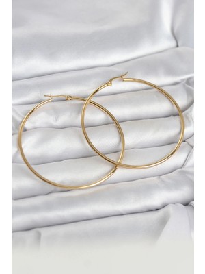 Krm 316L Çelik Gold Renk 60 mm Halka Kadın Küpe Krm