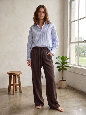 CGA Kadın Kahverengi Pantolon Beli Bağlamalı Bol Kesim Tencel Pantolon