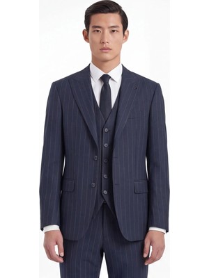 Sabri Özel Giotelli Erkek Füme Dar Kesim Slim Fit Viskon Çizgili Mono Yaka Tam Astarlı 6 Drop Yelekli Takım Elbise