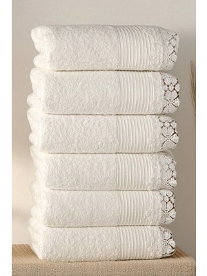 Isessia 6 Adet Dantelli Işlemeli El Yüz Havlusu Seti 50X90 | Pamuk Lüks Çeyizlik Banyo Havlusu