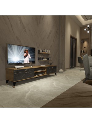 Decoraktiv Eko 4 Mdf Mdf DVD Gold Tv Ünitesi Tv Sehpası - Pera Siyah Mermer